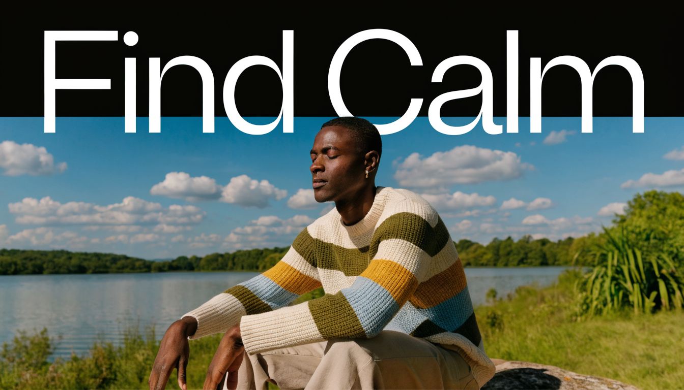 A man in a striped sweater sitting peacefully by a calm lake with his eyes closed.
