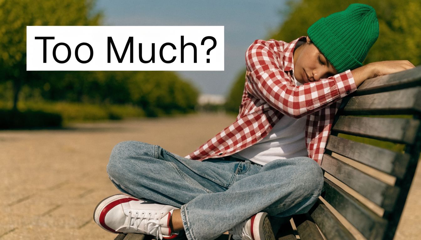 A person wearing a green beanie sitting on a park bench and leaning their head on their arm.