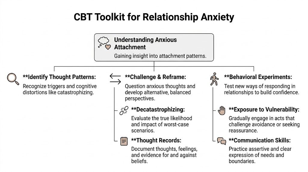 A diagram illustrating a CBT toolkit for managing relationship anxiety, including cognitive and behavioral strategies.