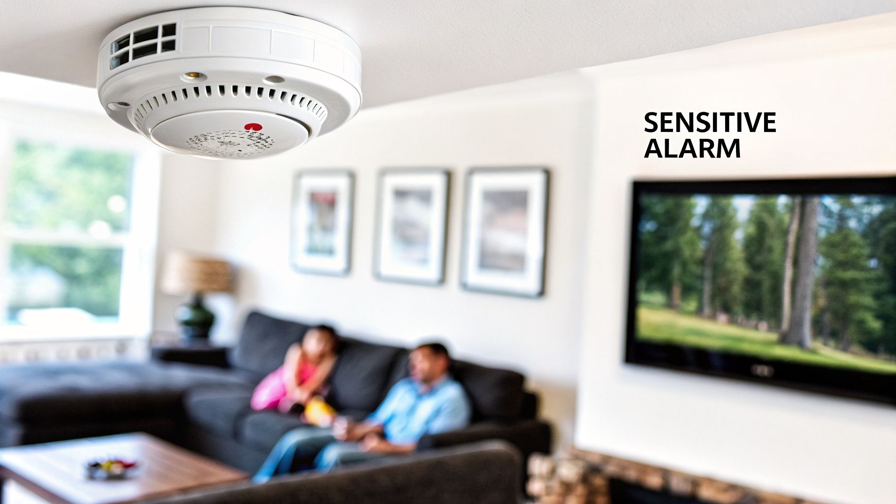A white smoke detector on a ceiling with 'SENSITIVE ALARM' text on the wall, in a home living room.