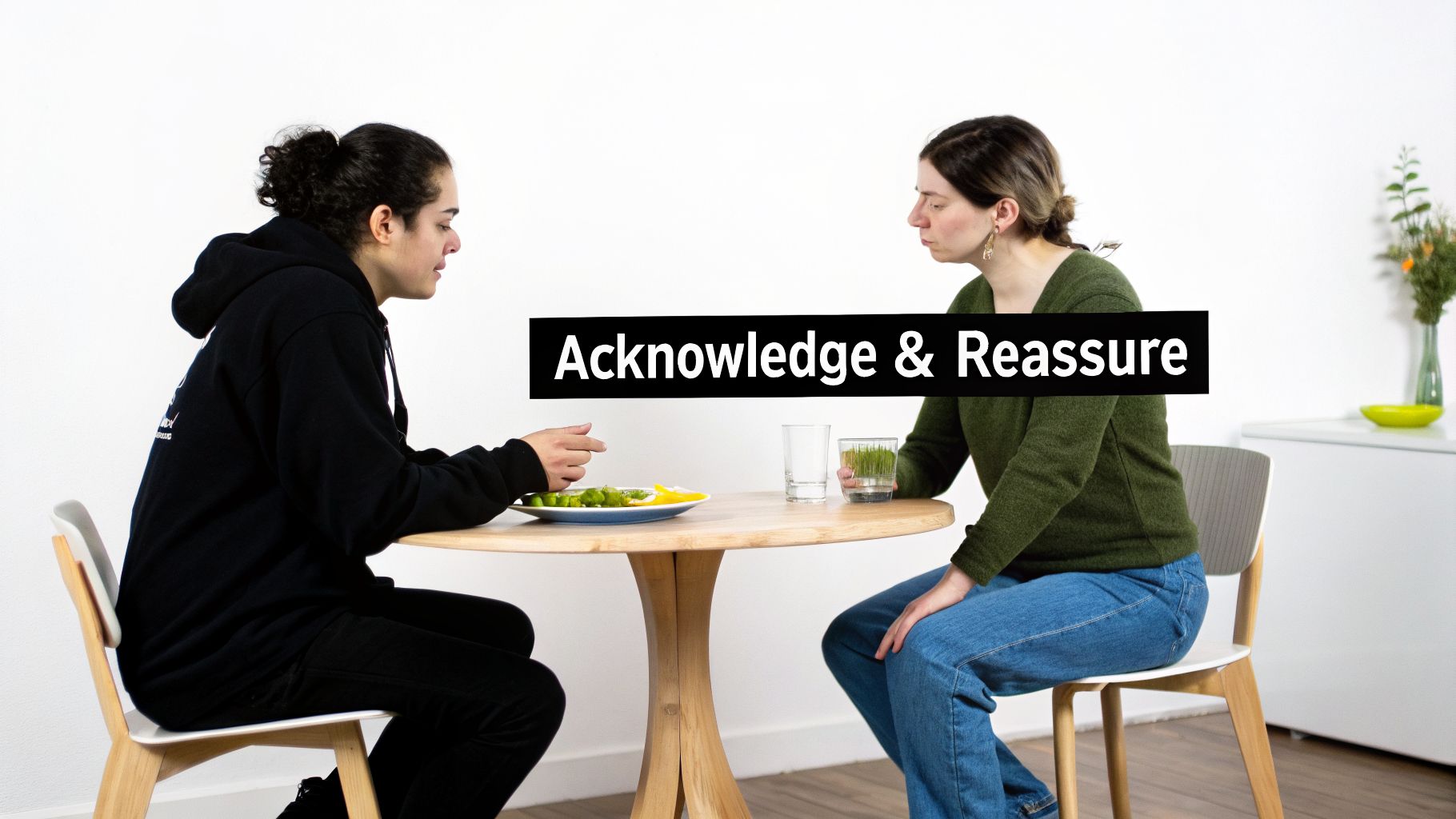Two people sitting at a wooden table, facing each other, engaged in a conversation. Text overlay: Acknowledge & Reassure.