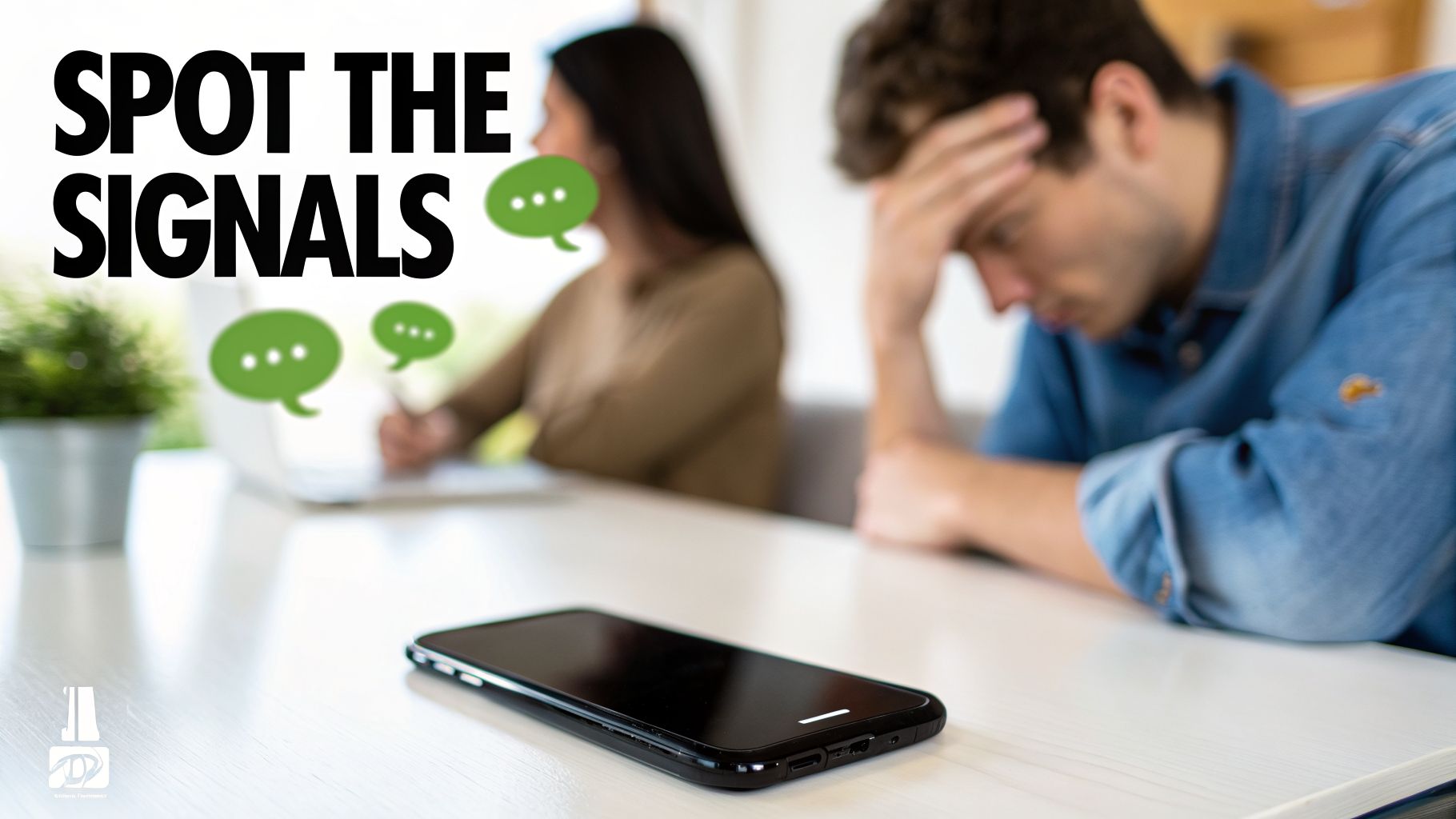 A man and a woman in a room, with a phone on the table, highlighting 'SPOT THE SIGNALS' text with speech bubbles.