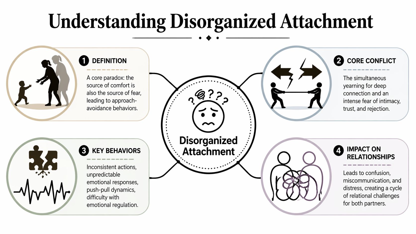 An educational infographic explaining the definition, core conflict, key behaviors, and relational impacts of disorganized attachment style.