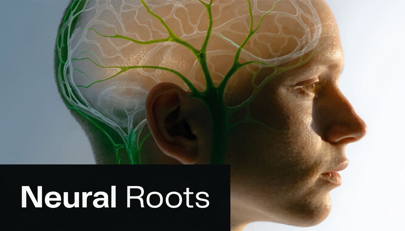 A digital illustration of a side profile of a human head featuring glowing green neural tree roots.