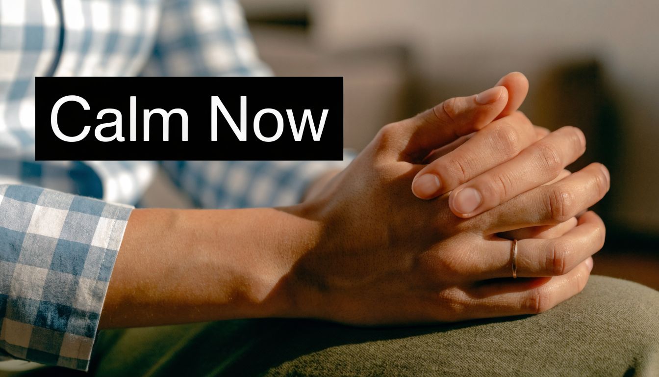 A person with folded hands resting on their lap, symbolizing a sense of mindfulness and tranquility.