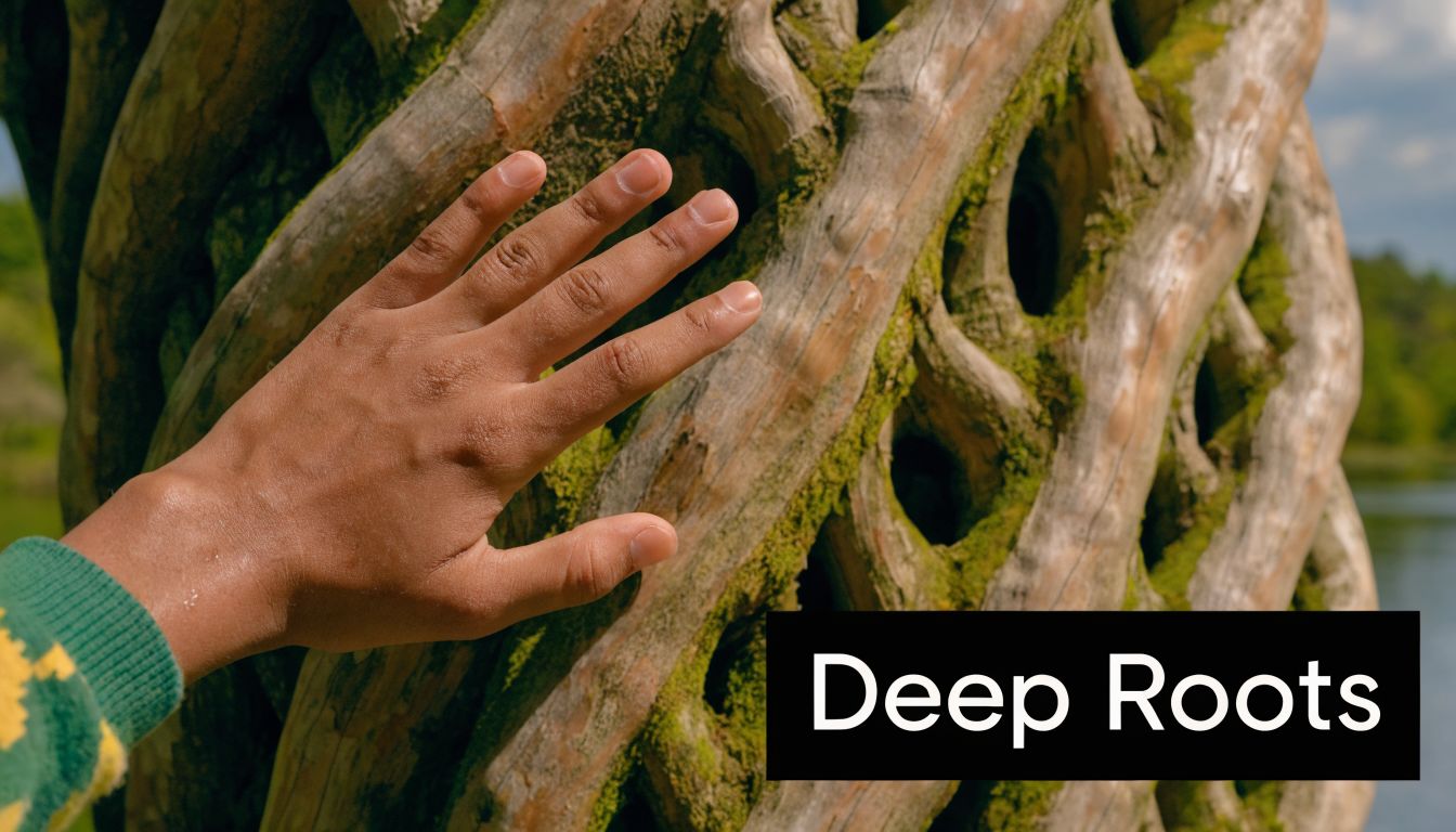 A close-up view of a person's hand resting gently on the textured bark of a gnarly tree.
