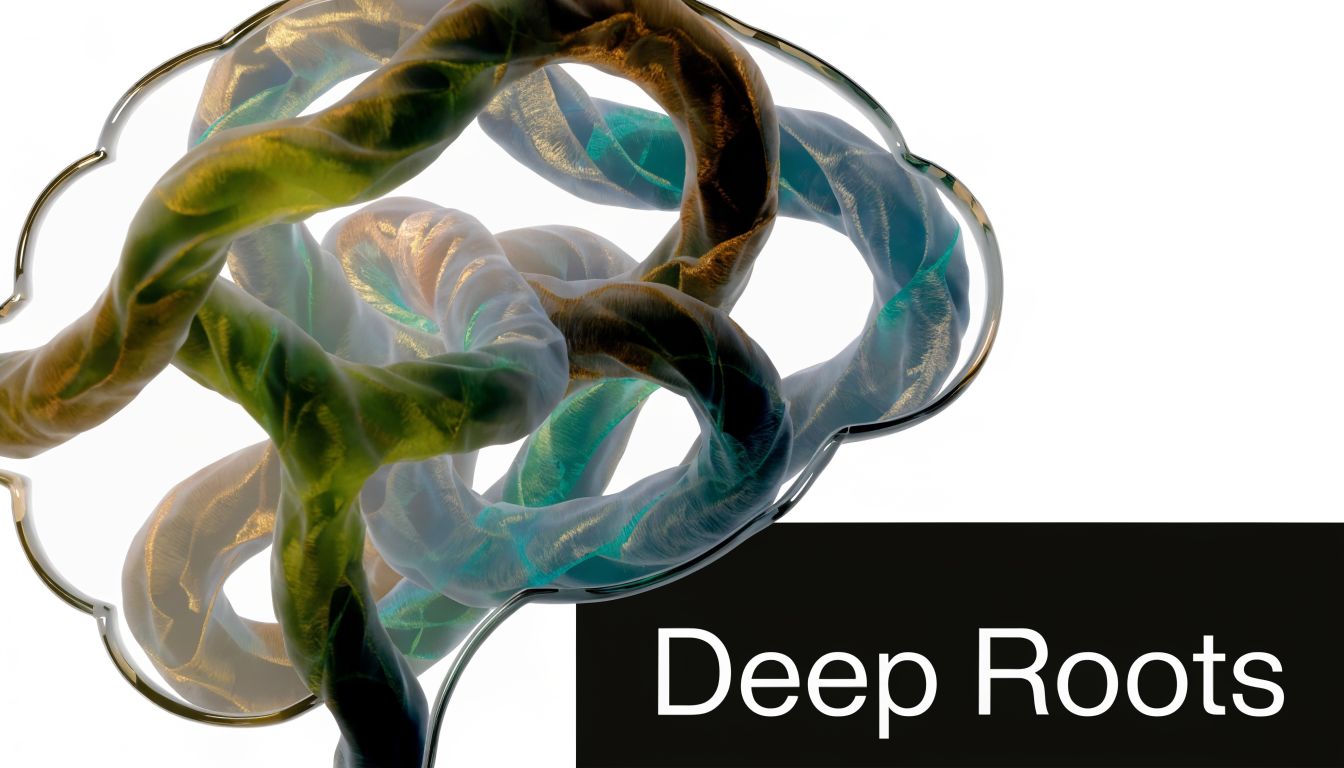 A conceptual, abstract representation of a brain shaped by golden, glowing roots against a white background.