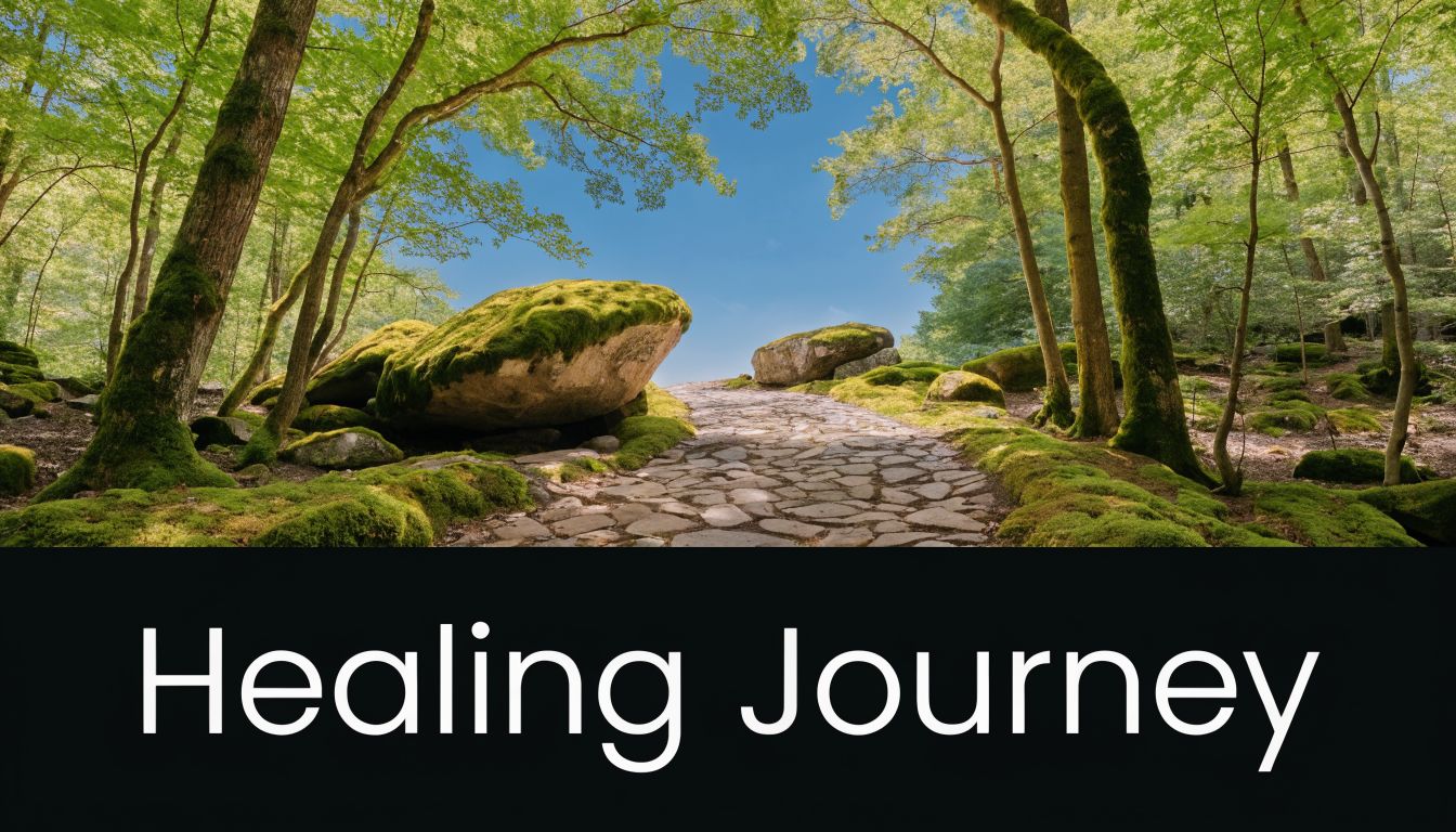 A scenic stone path winding through a mossy, sunlit forest under a clear blue sky.