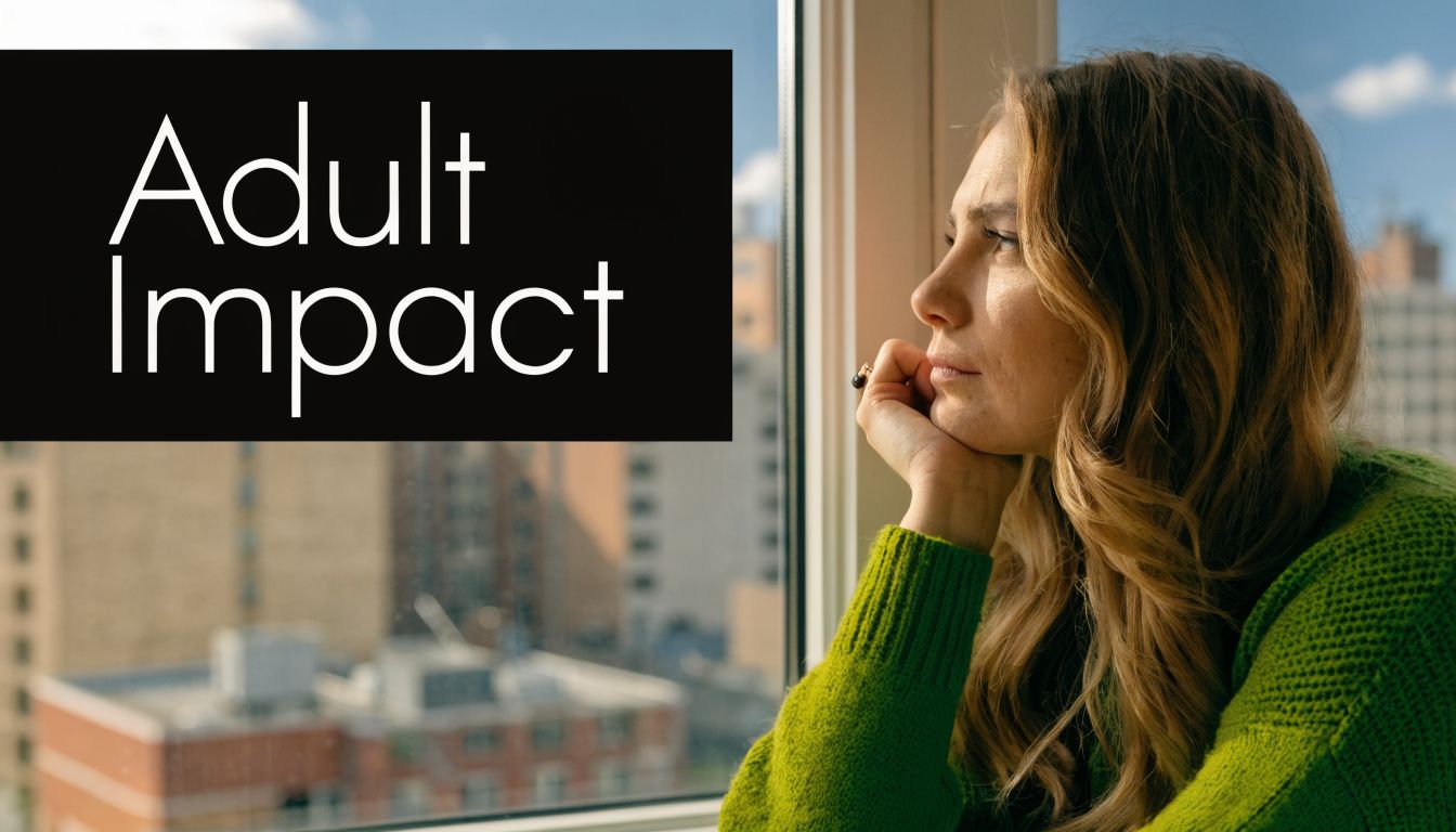 A contemplative woman with blonde hair wearing a green sweater gazing out a city window.