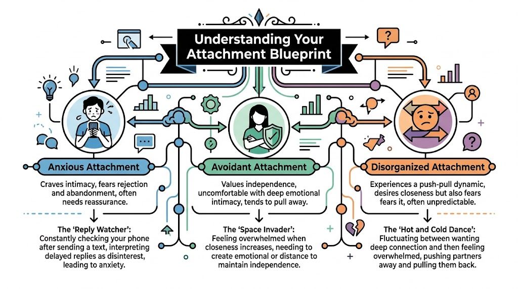 A diagram illustrating the three insecure attachment styles including anxious, avoidant, and disorganized relationship patterns.
