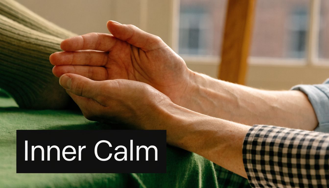 A close-up view of hands resting gently on a green surface, representing a sense of inner calm.
