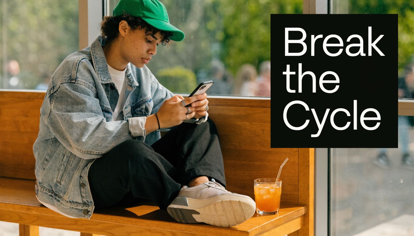 A young person wearing a green cap sits on a wooden bench looking at their smartphone.