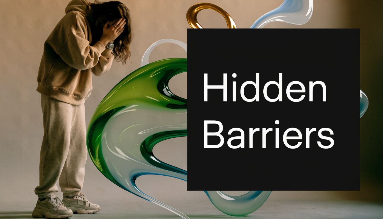 A person in a hoodie standing behind a semi-transparent sculpture with the text Hidden Barriers overlayed.