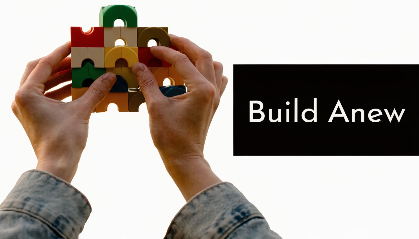 A person holds together a small structure made of colorful wooden building blocks against a white background.
