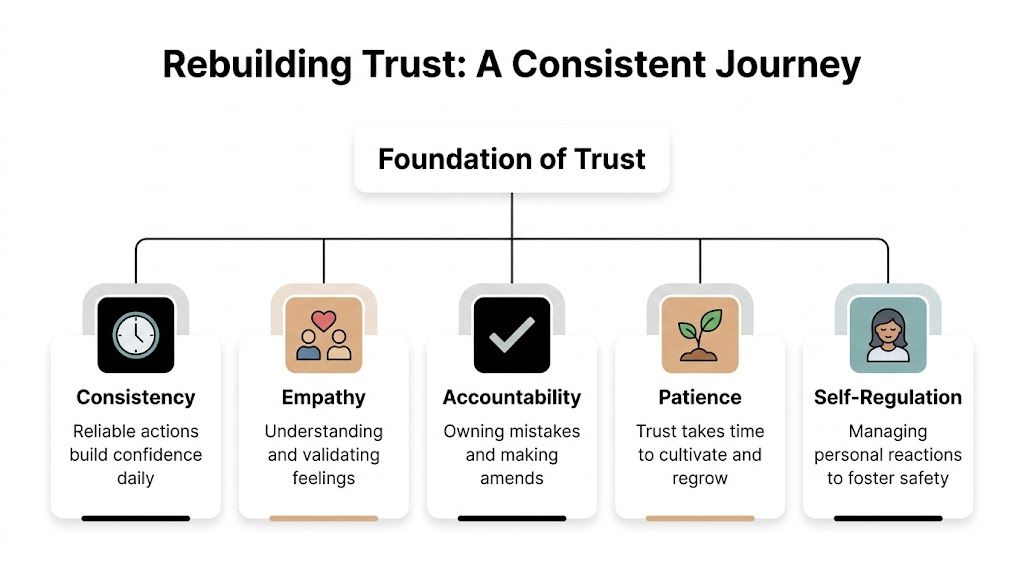 A diagram outlining the five key components for rebuilding trust: consistency, empathy, accountability, patience, and self-regulation.