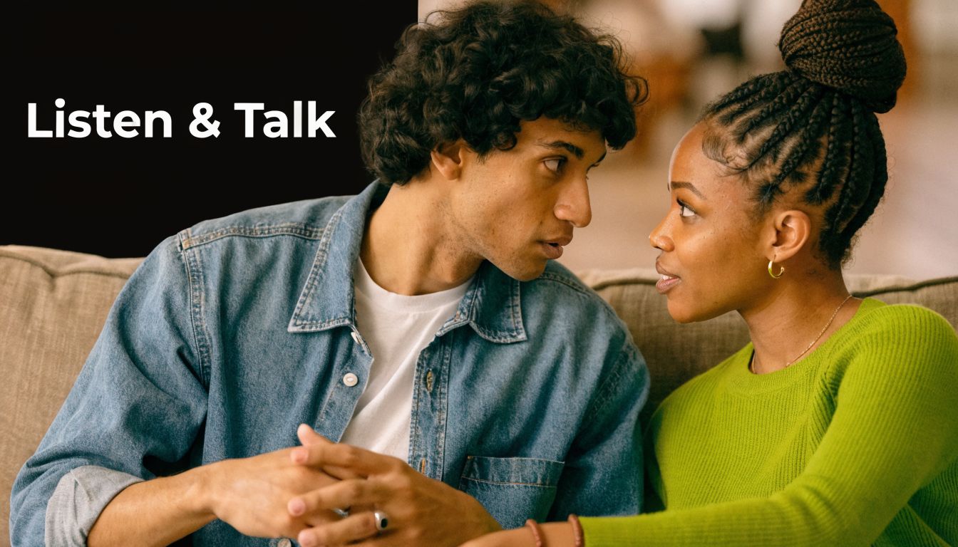 A couple sitting on a sofa engaging in an intimate and attentive conversation while maintaining eye contact.