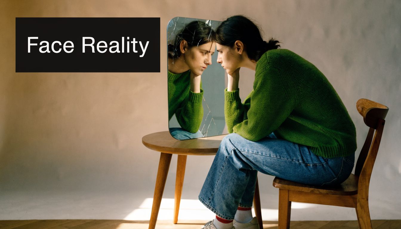 A woman in a green sweater sits looking at her own reflection in a cracked mirror.