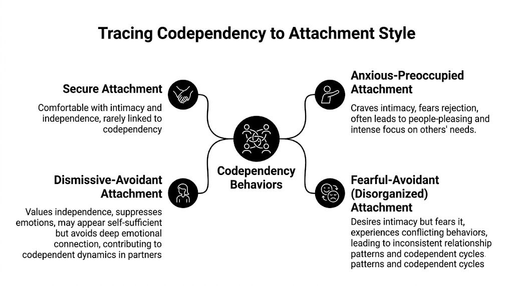 A diagram explaining the relationship between four different adult attachment styles and codependency behaviors.