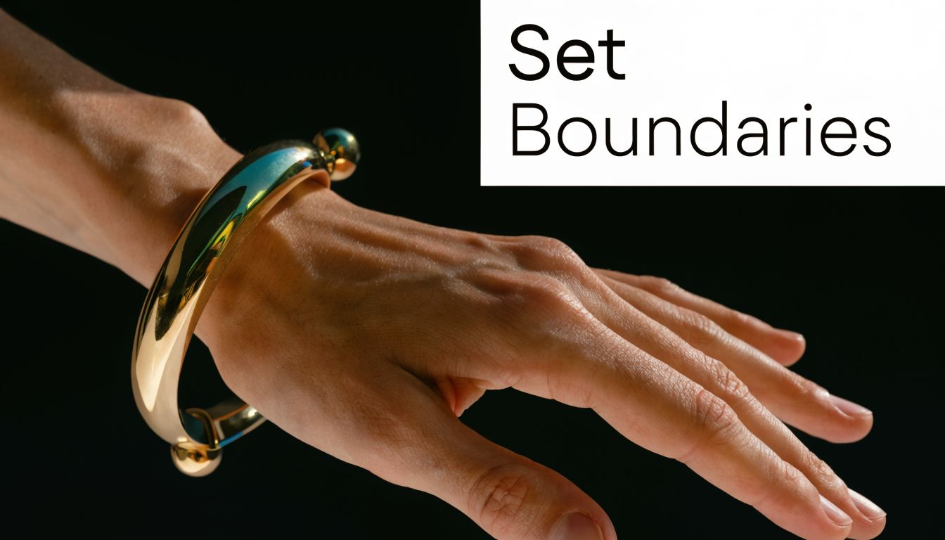 A close-up of a person wearing a polished gold cuff bracelet against a solid black background.