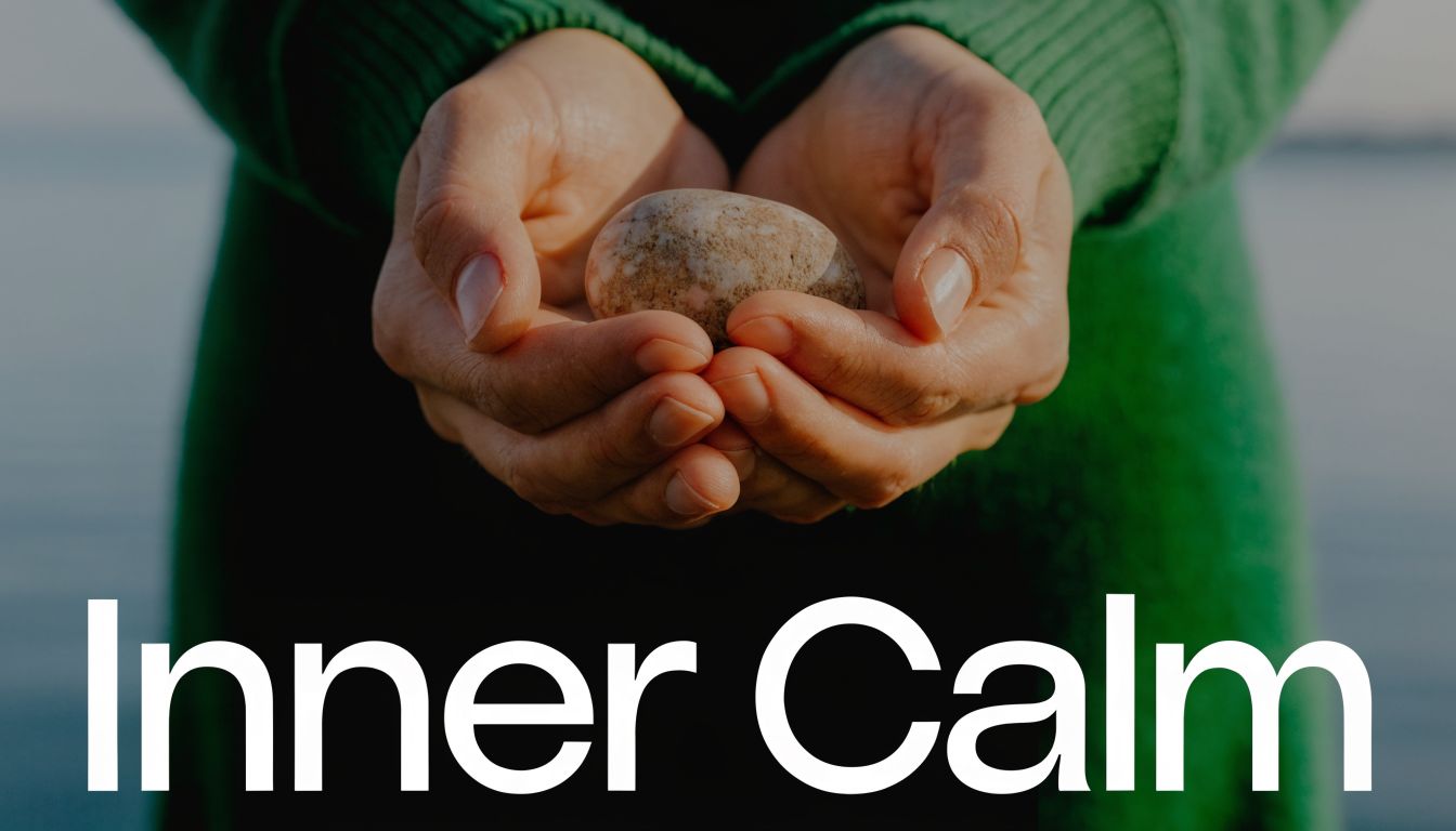 A person wearing a green sweater holding a smooth stone between their cupped hands, representing peace.