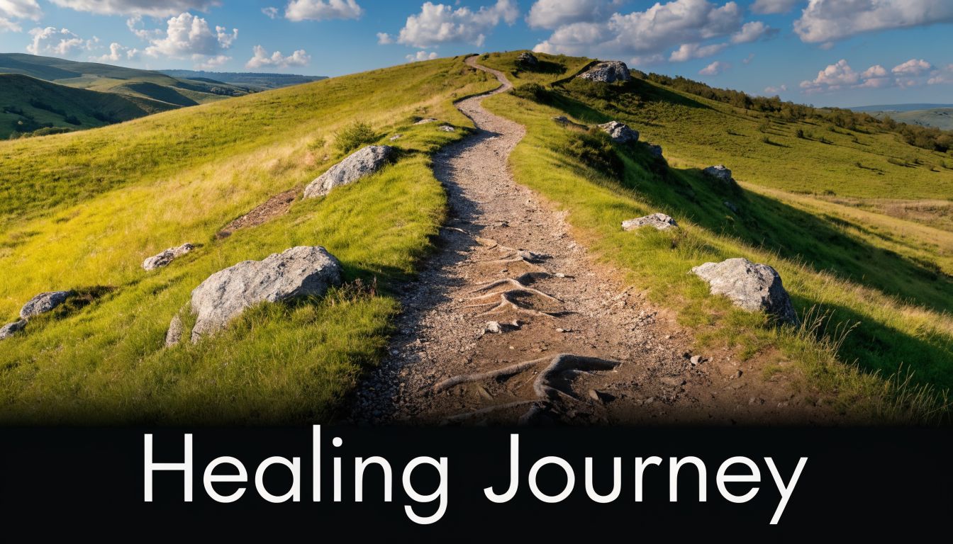 A scenic, winding dirt path leading up a grassy hill under a bright, partly cloudy sky.