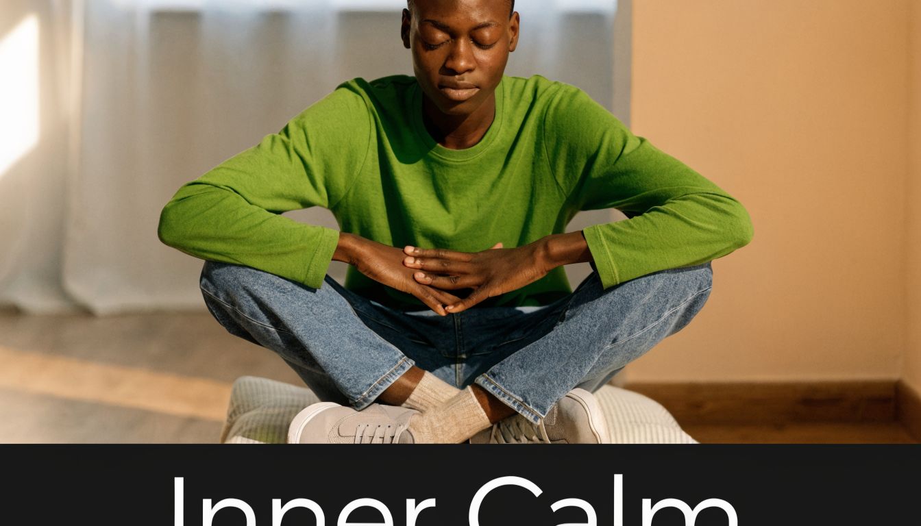 A serene young person sitting cross-legged on a floor, eyes closed, practicing meditation for inner calm.