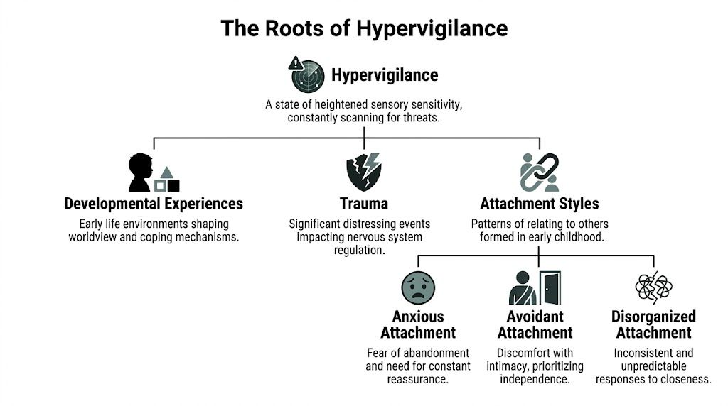 A diagram illustrating the roots of hypervigilance, including developmental experiences, trauma, and various attachment styles.