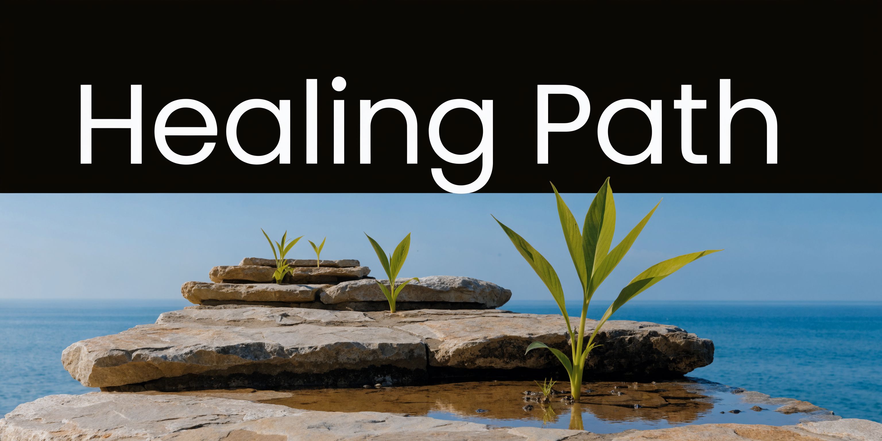 A serene coastal scene with small green plants growing from layered rocks beside the blue ocean.