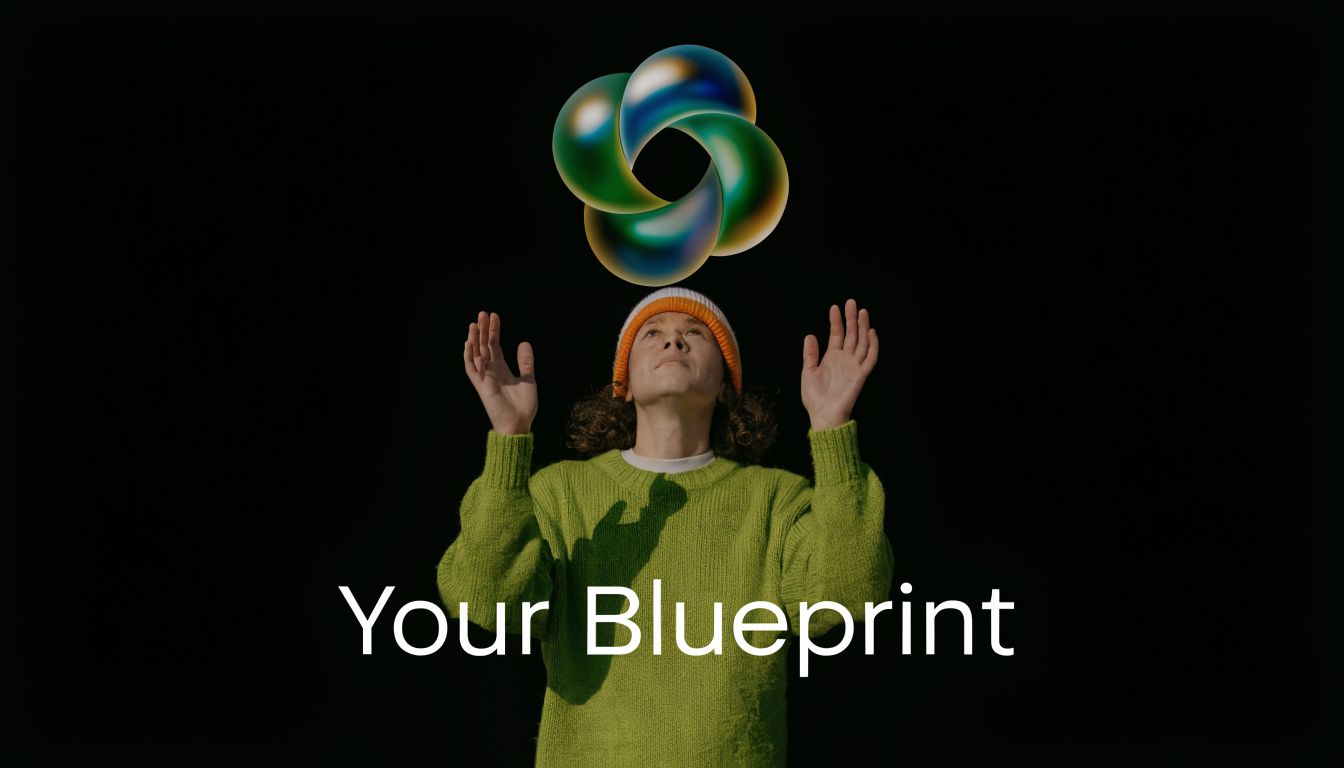 A person in a green sweater holding their hands up towards a floating abstract 3D shape.