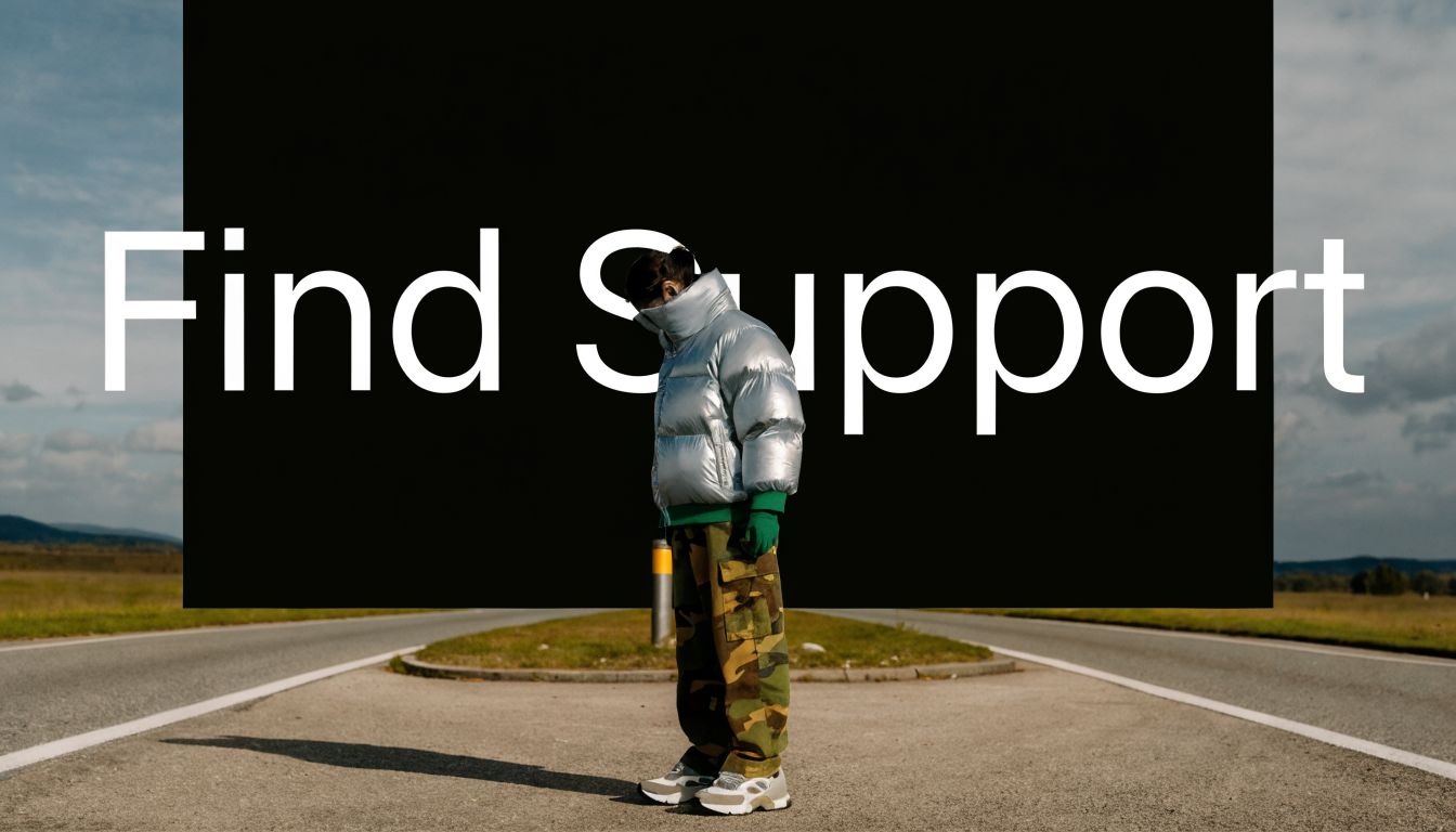 A person standing on a road wearing a metallic puffer jacket, symbolizing the need for emotional support.