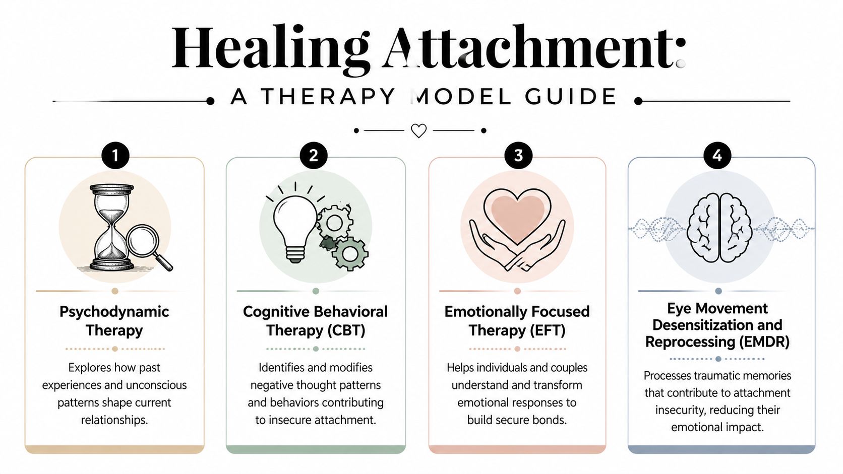 An infographic titled Healing Attachment explaining four therapy models: Psychodynamic, CBT, EFT, and EMDR for insecure attachment.