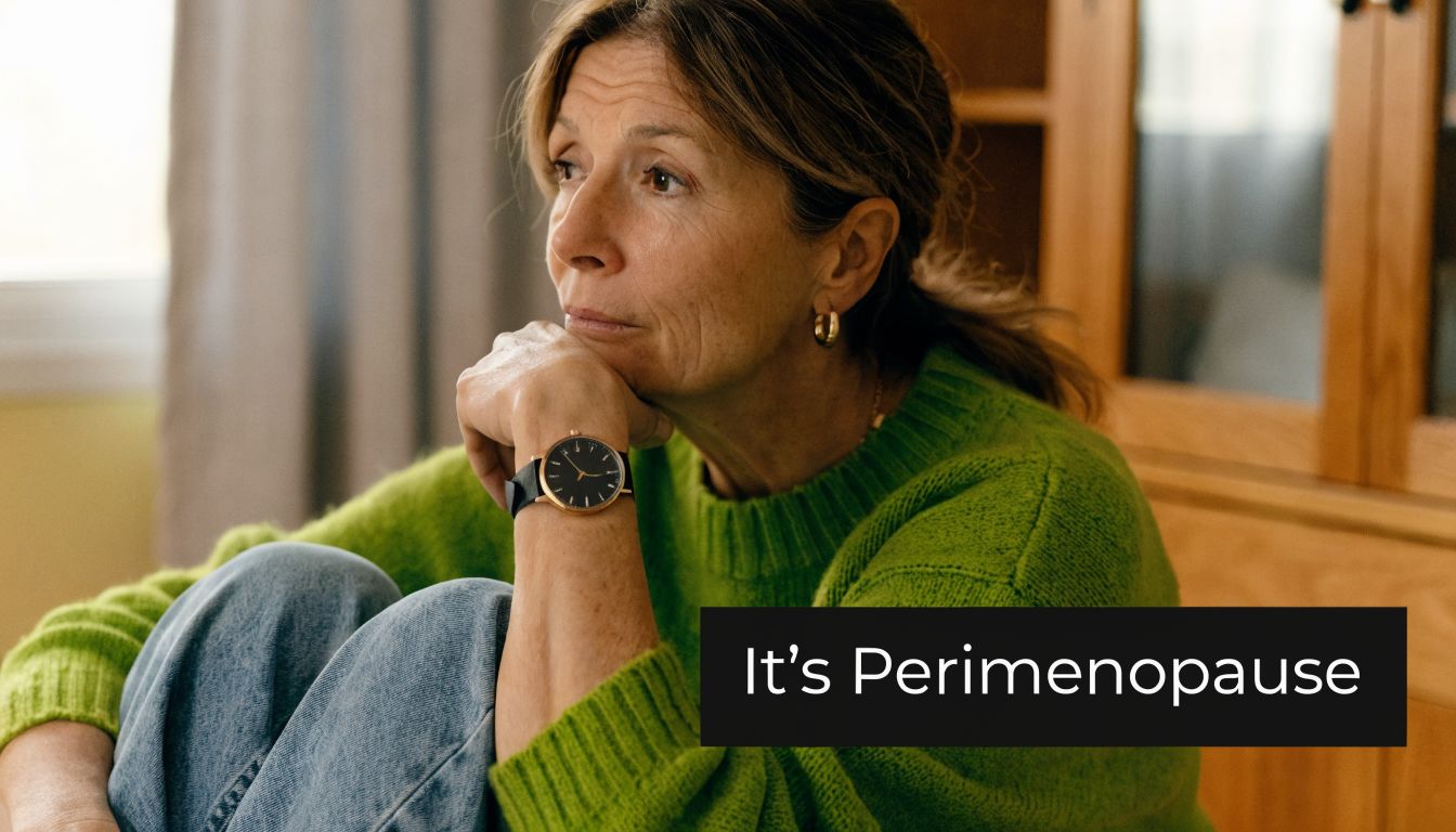 A contemplative woman sitting in a green sweater, reflecting on the challenges of her perimenopause journey.