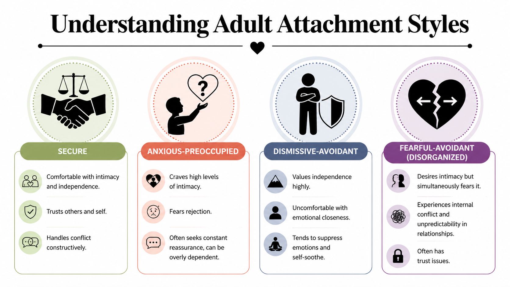 An infographic titled Understanding Adult Attachment Styles displaying four types: secure, anxious-preoccupied, dismissive-avoidant, and fearful-avoidant.