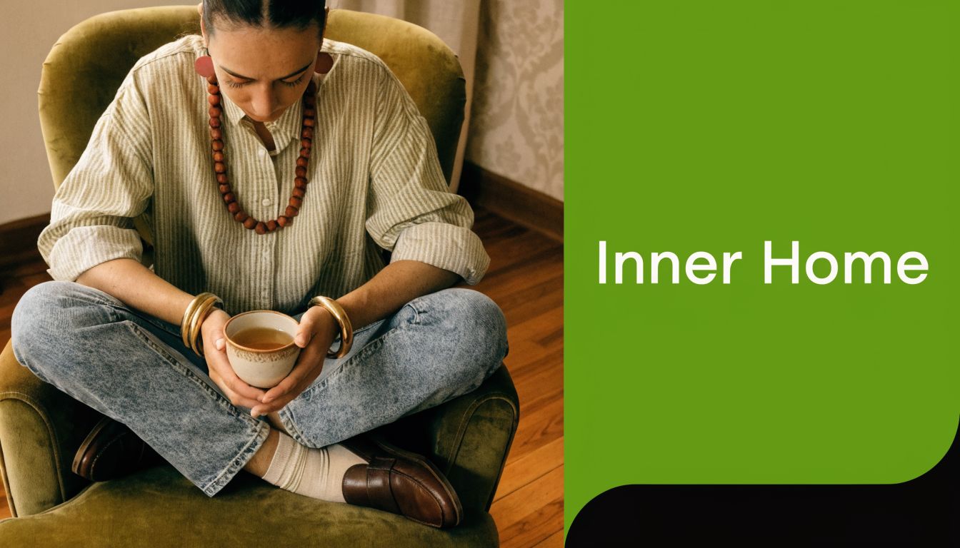 A person sitting comfortably in a green armchair holding a warm cup of tea indoors.