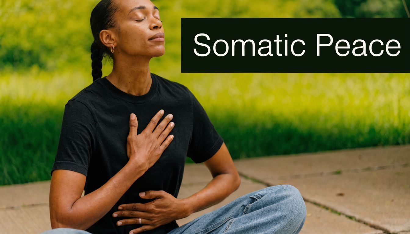 A woman meditating outside with her hands placed on her chest and abdomen for somatic grounding.