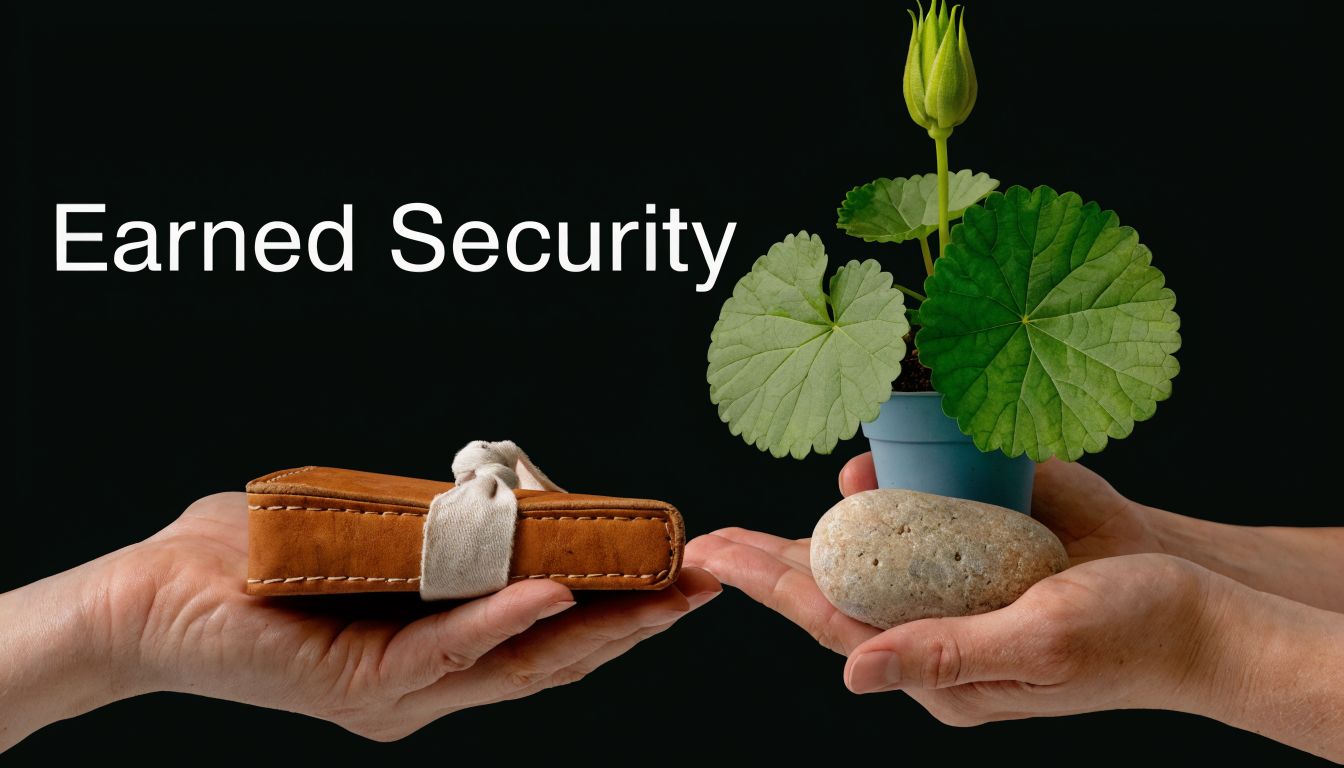 Two hands holding a brown leather wallet and a small potted plant with a stone.