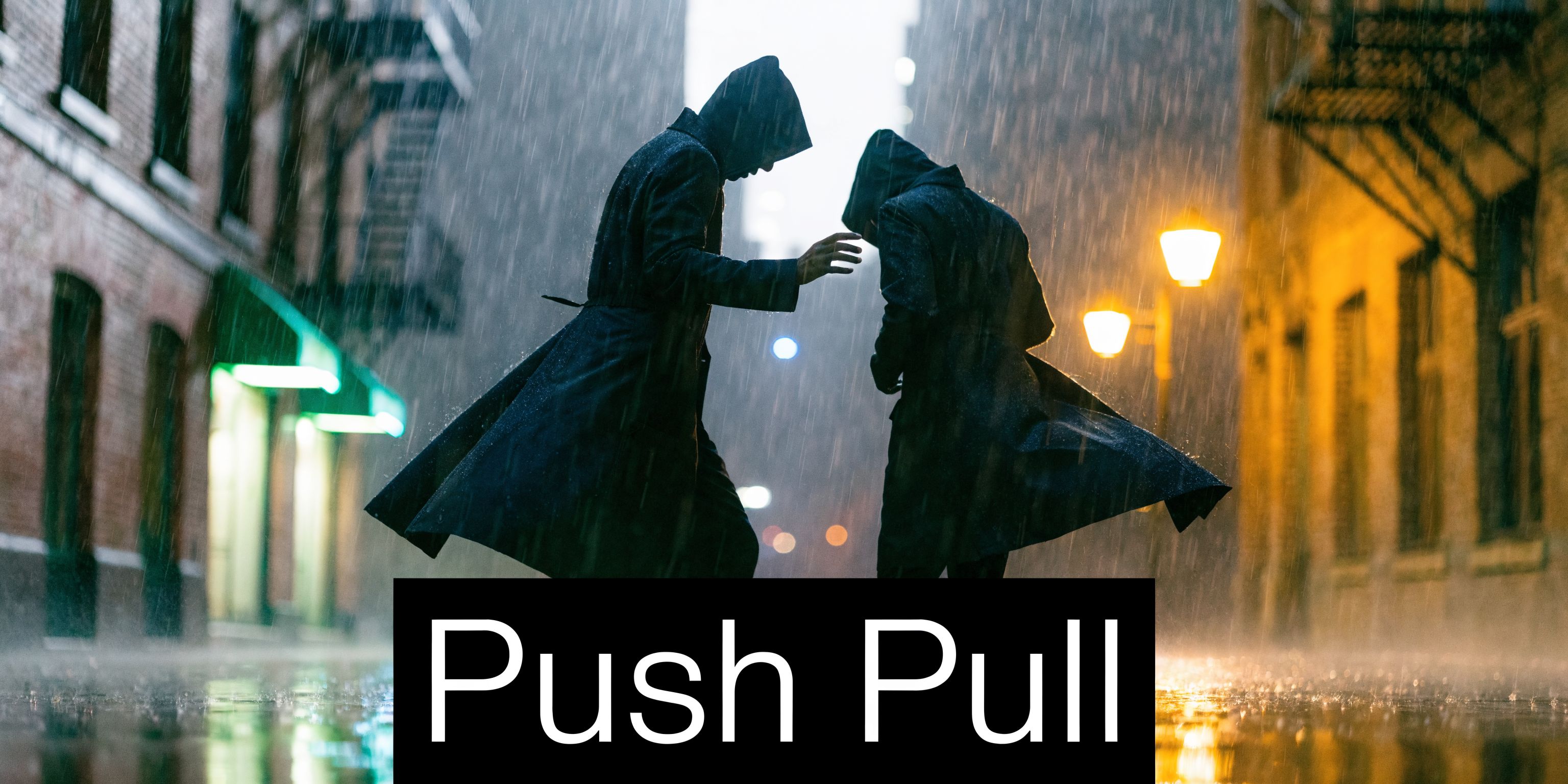 Two mysterious hooded figures in long coats interacting under rain in a dark narrow city alleyway.