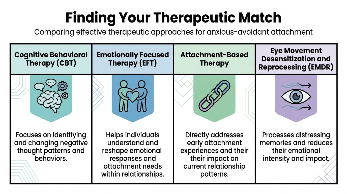 A chart comparing four therapeutic approaches for managing anxious-avoidant attachment: CBT, EFT, attachment-based therapy, and EMDR.