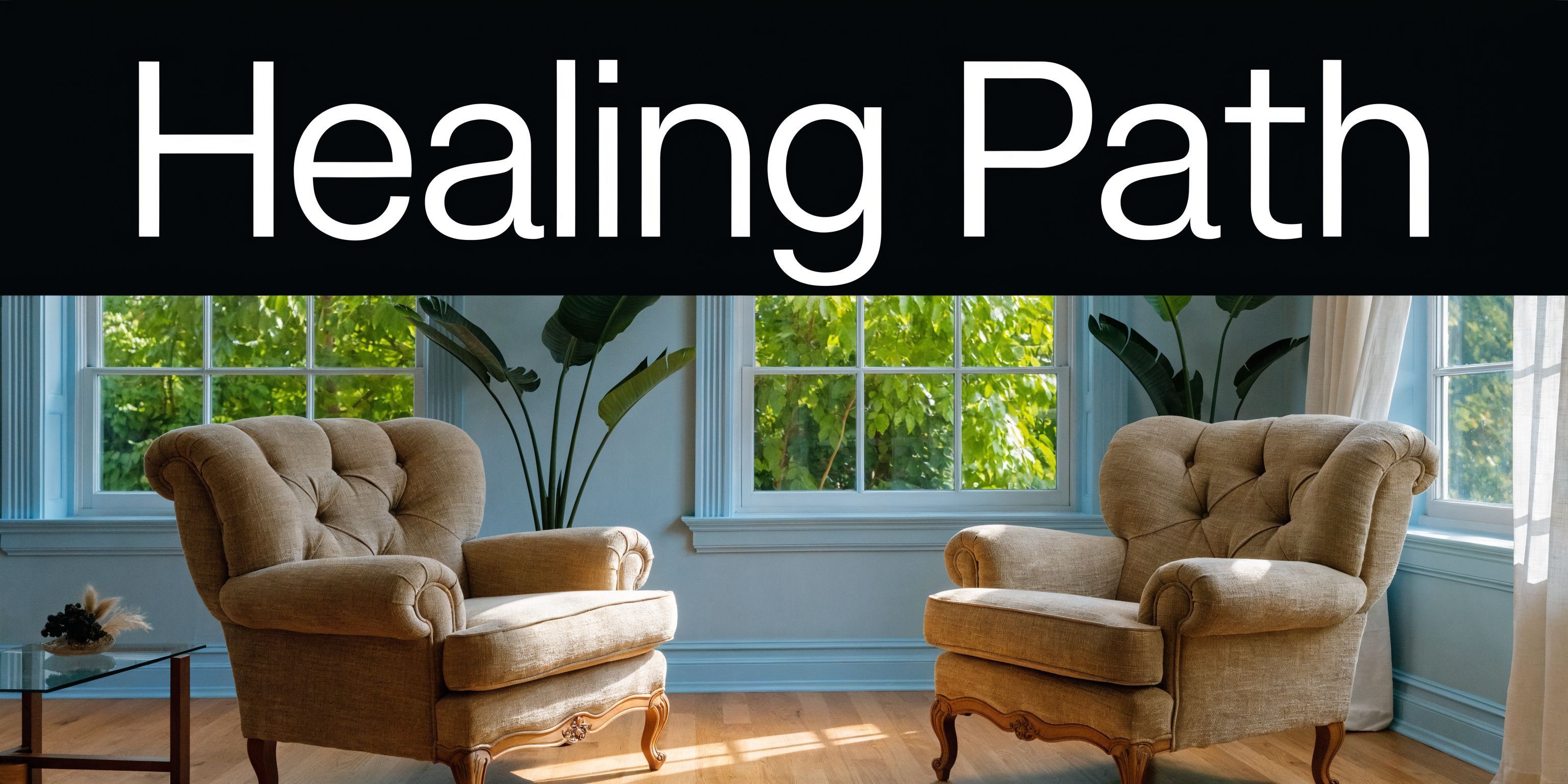 Two beige upholstered armchairs facing each other in a bright, sunlit room designed for therapeutic consultation.