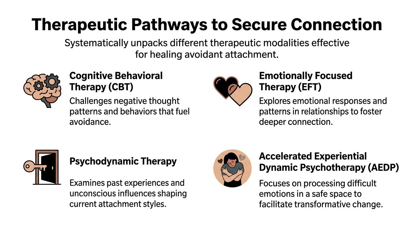 A graphic listing four therapy types: CBT, EFT, Psychodynamic Therapy, and AEDP for healing avoidant attachment.