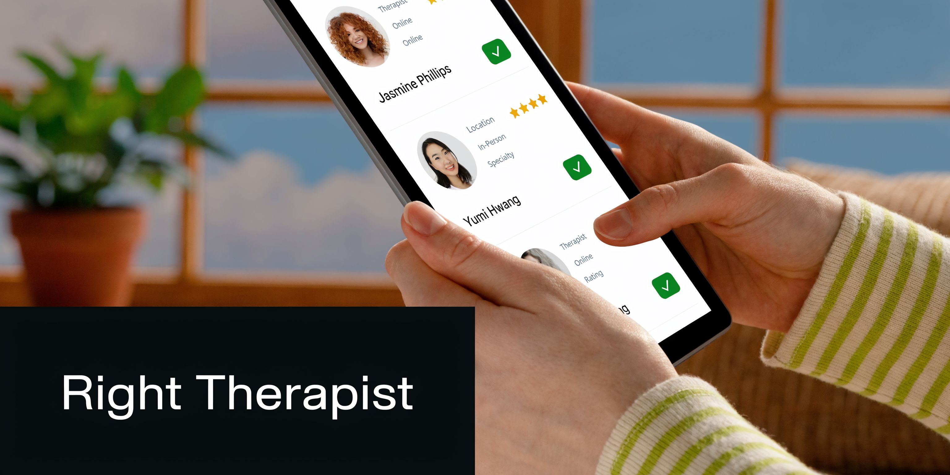 A person holding a smartphone showing a mobile app interface for finding and selecting mental health therapists.