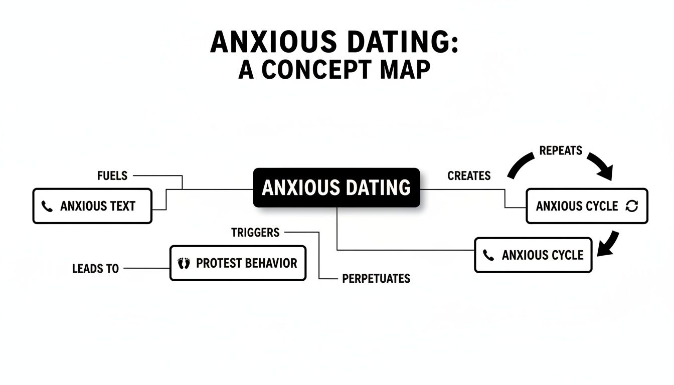 A concept map illustrating anxious dating, showing how anxious texts, protest behavior, and anxious cycles fuel and perpetuate the pattern.