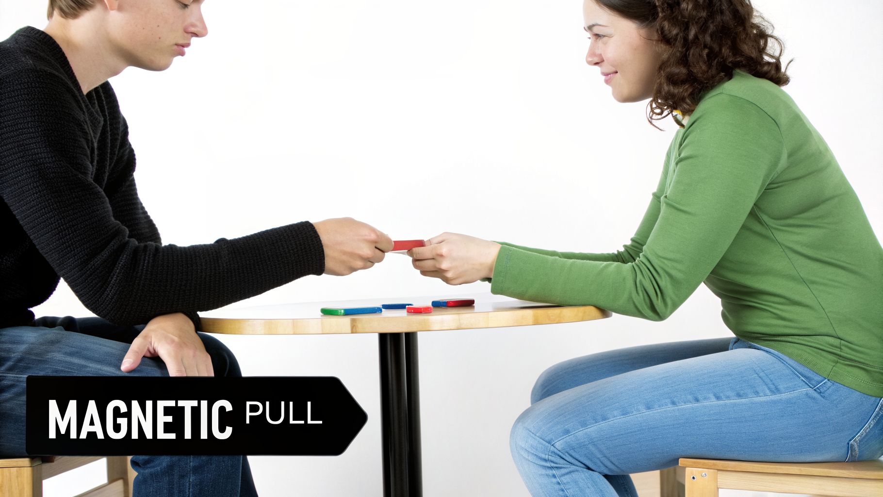 Two people demonstrate magnetic attraction, holding a red bar magnet across a table with other magnets.