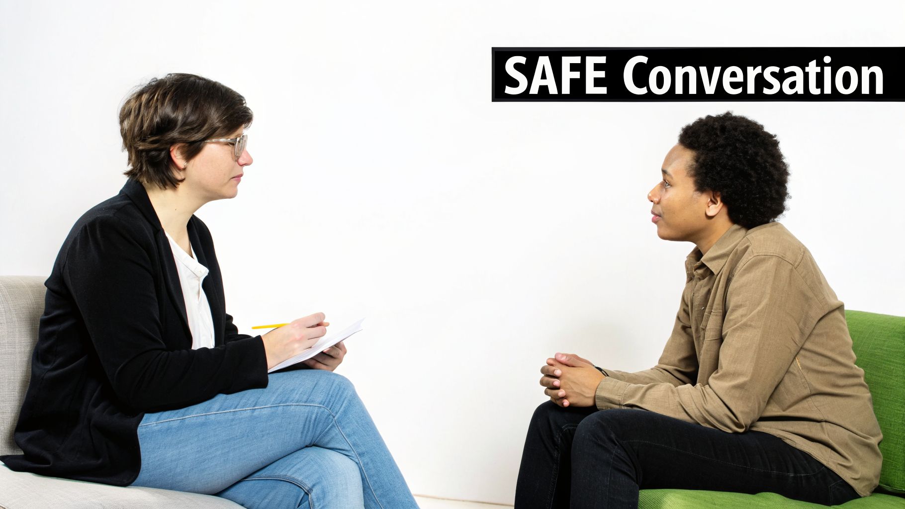 Two people engaged in a SAFE Conversation, one taking notes and the other listening intently.