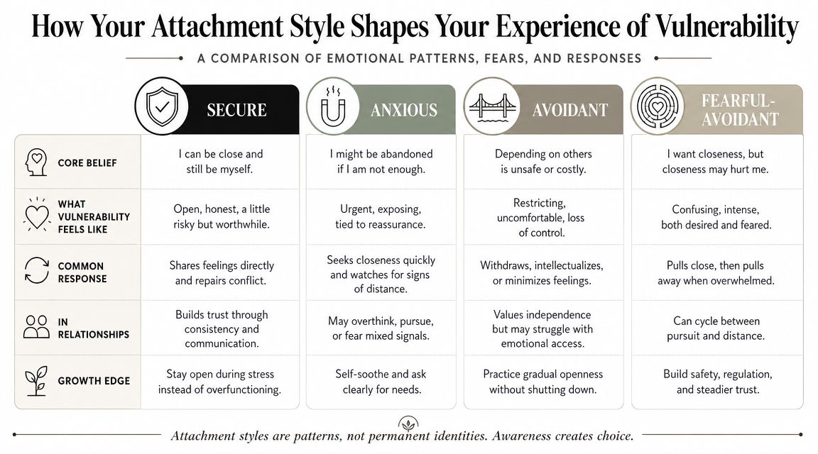 A chart comparing how different attachment styles, including secure and avoidant, shape experiences of vulnerability in relationships.