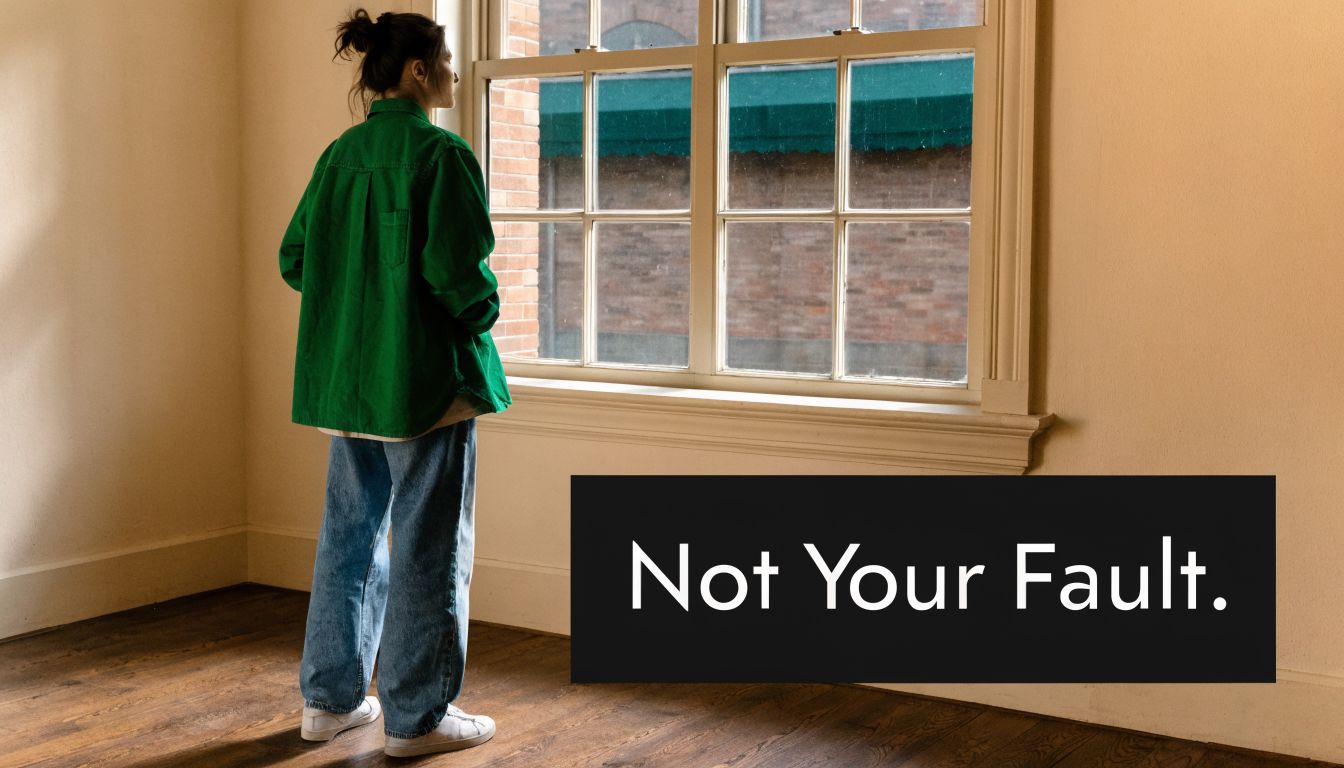 A person wearing a green shirt and jeans standing and looking out of a large window.