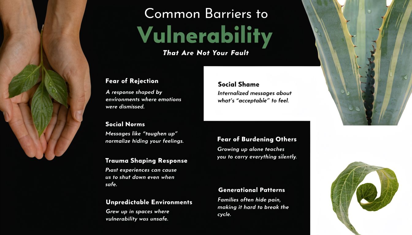 An infographic titled Common Barriers to Vulnerability listing psychological and social reasons why people struggle with vulnerability.
