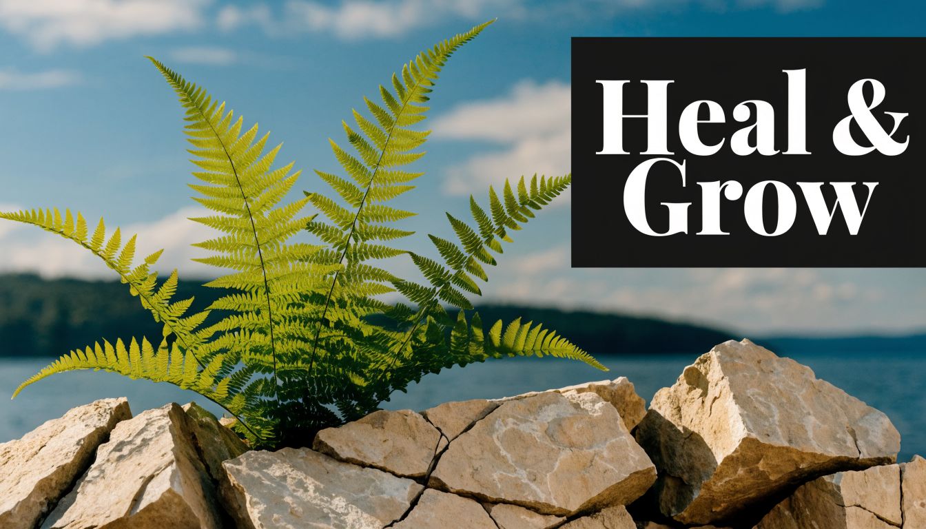 A vibrant green fern growing from between light-colored jagged rocks with a lake and sky background.