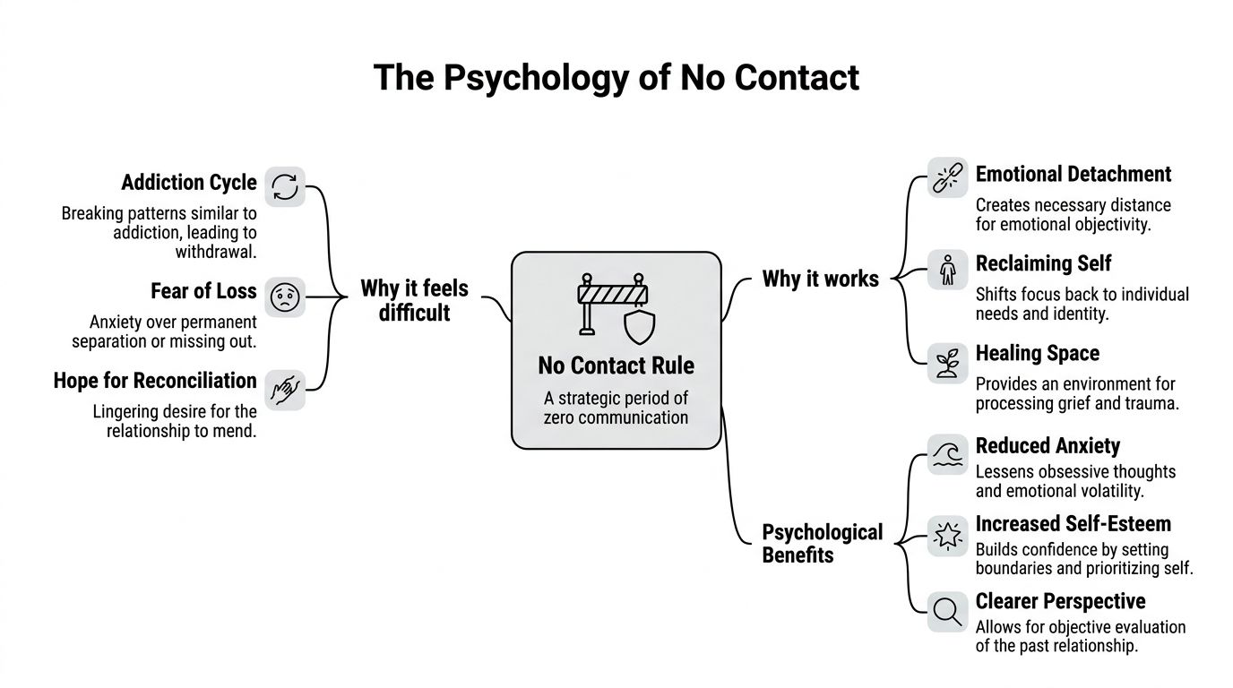 A mind map infographic illustrating the psychological aspects of implementing a no contact rule after a breakup.