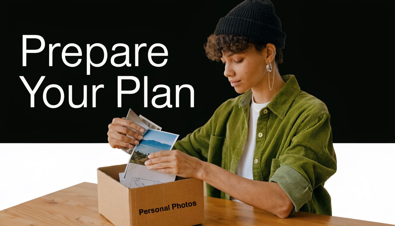 A person wearing a beanie sorts through a cardboard box labeled Personal Photos while sitting at a desk.